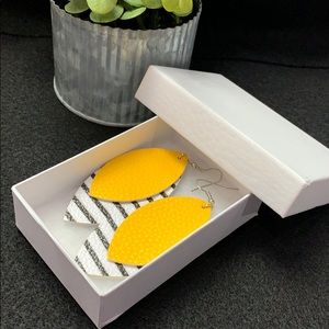 Leather Earrings, Black & White Striped w/ Yellow